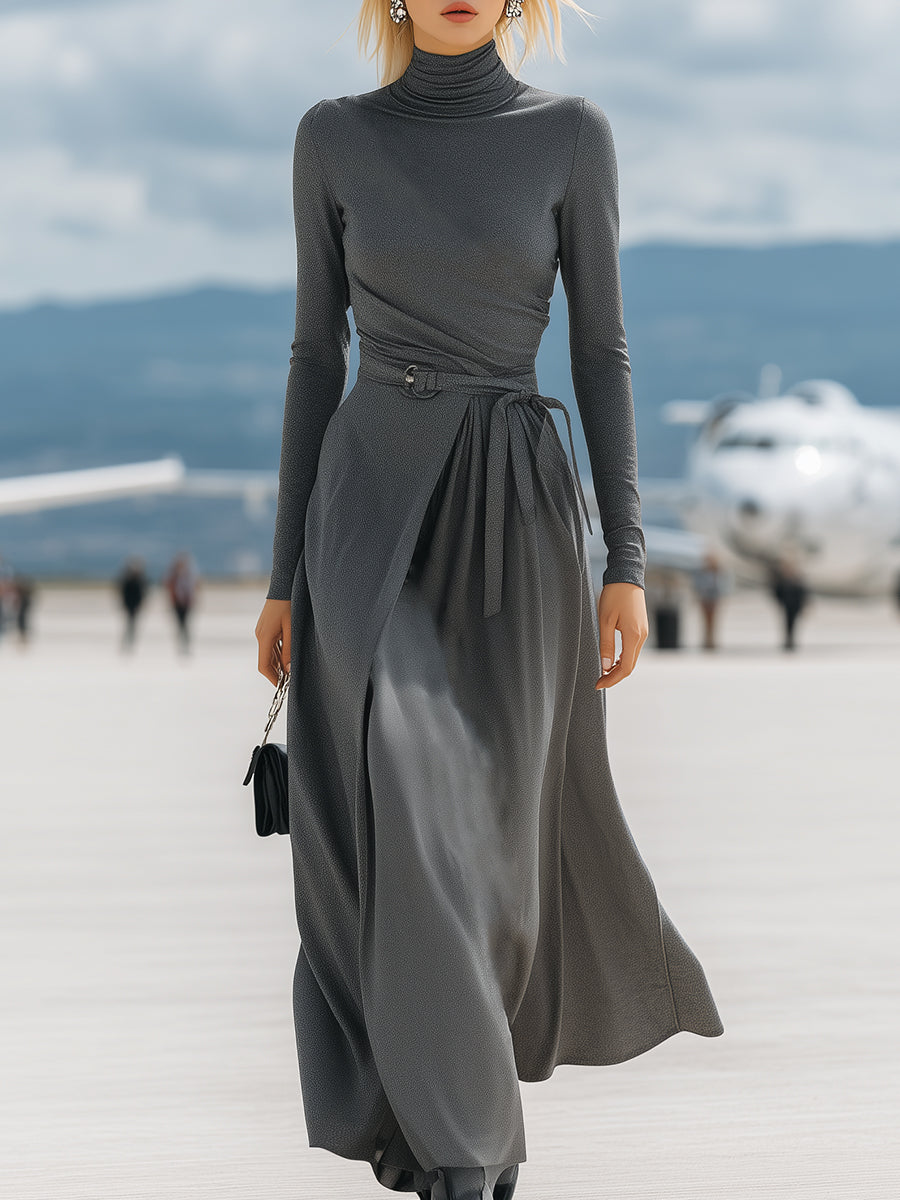 High-neck Casual Gray Tie-up Maxi Dress