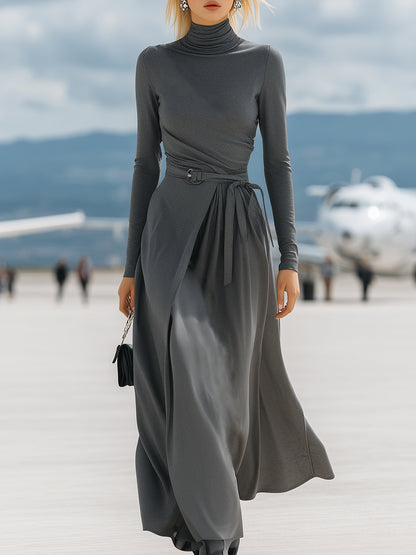 High-neck Casual Gray Tie-up Maxi Dress
