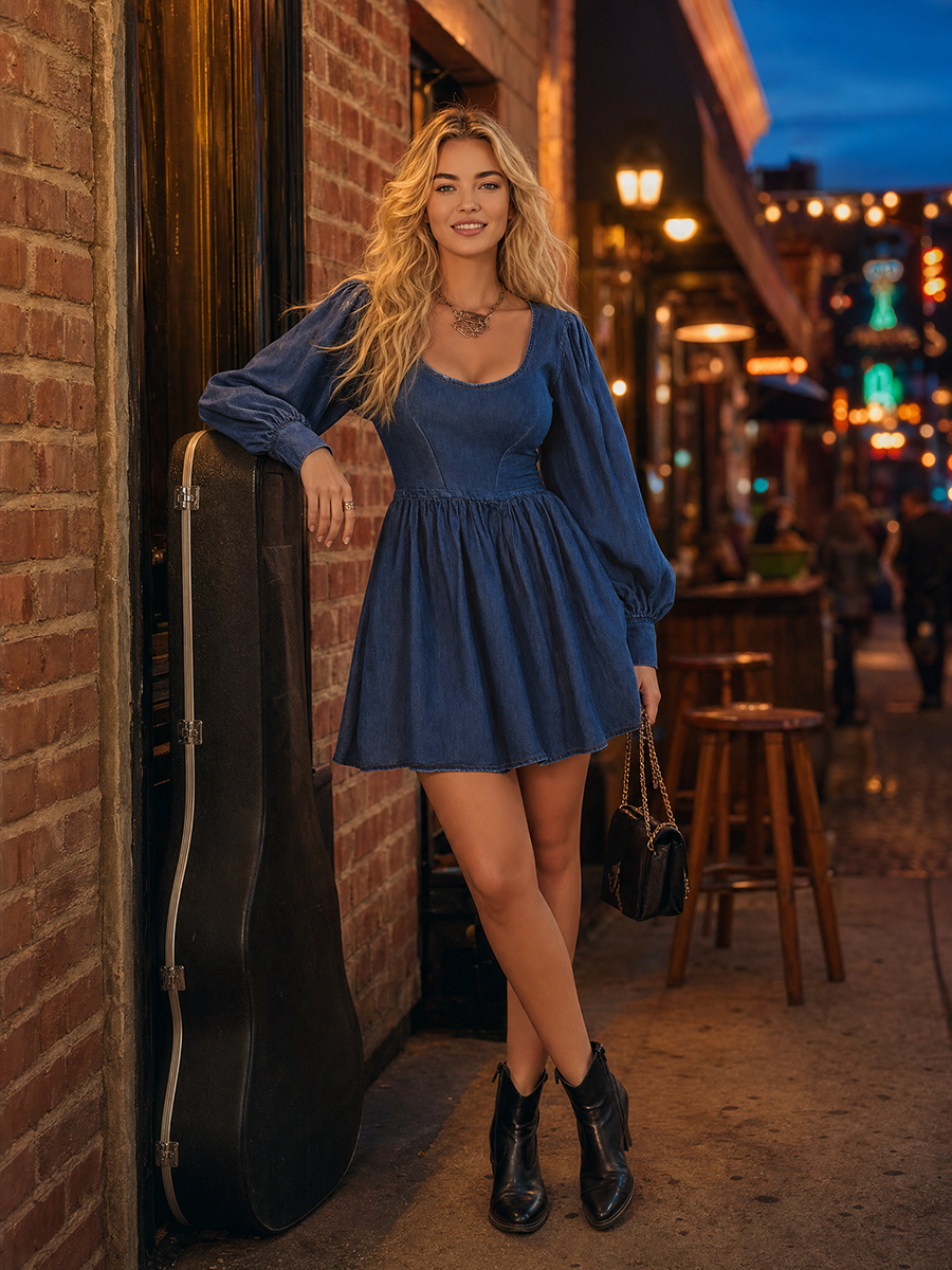 Retro Western Square-neck Puff-sleeve Fitted Puffball-hem Denim Dress