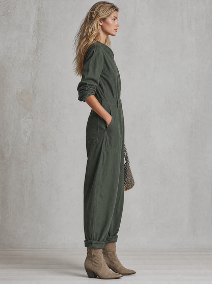 American Asymmetric Zip-front Cinched-waist Denim Jumpsuit