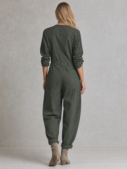 American Asymmetric Zip-front Cinched-waist Denim Jumpsuit