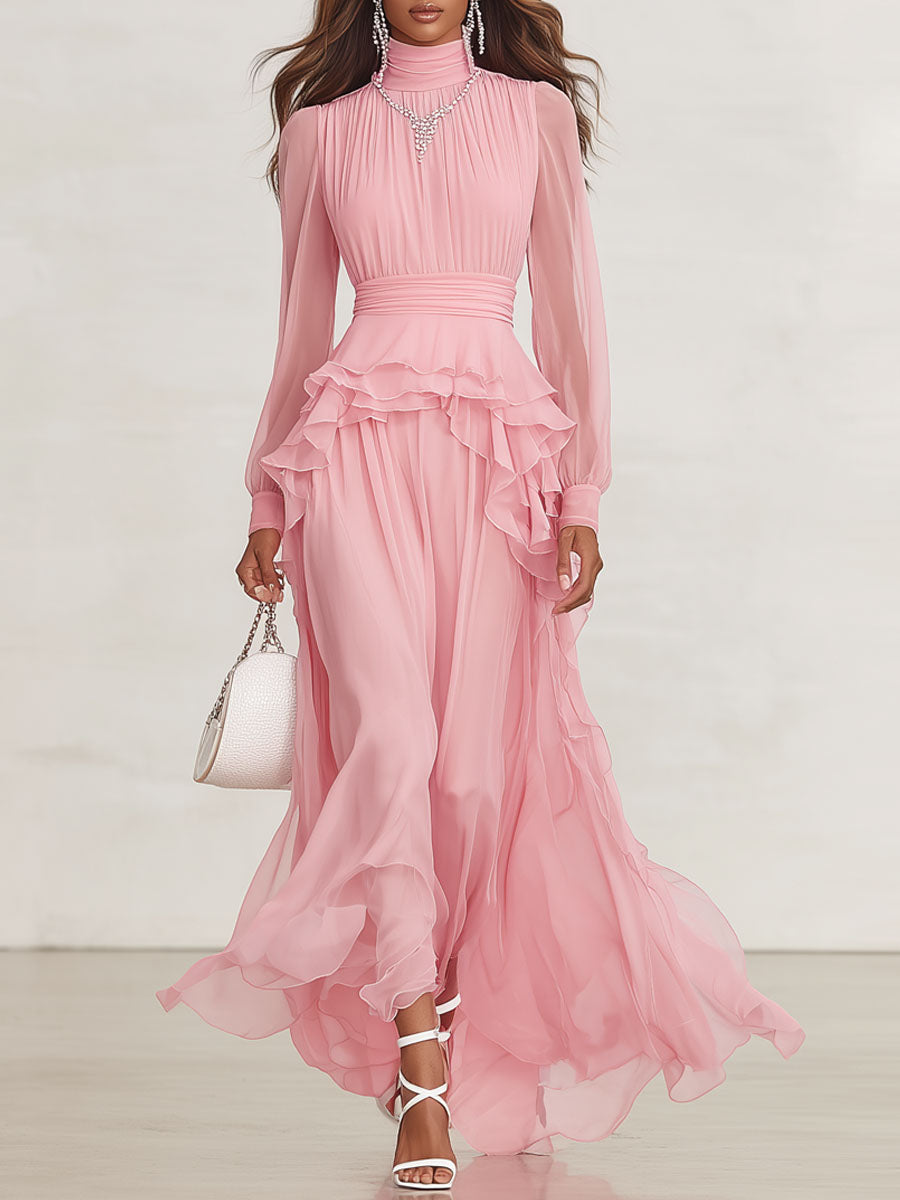 Pink High-neck Ruffled Chiffon Long-sleeved Maxi Dress