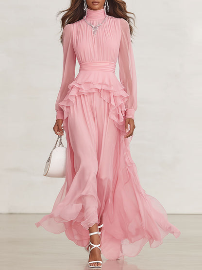 Pink High-neck Ruffled Chiffon Long-sleeved Maxi Dress