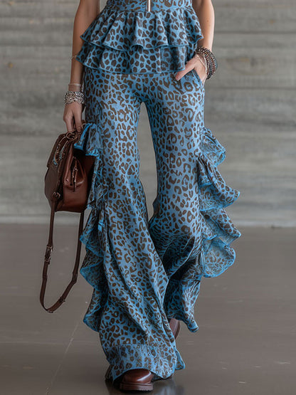 Retro Resort Leopard Print Blue Chiffon Sleeveless Ruffled Top And Flared Pants Set