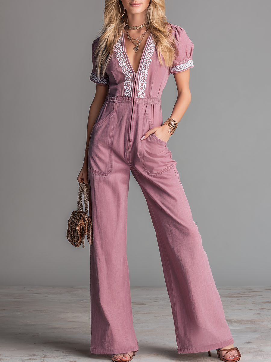 Stylish And Beautiful V-neck Embroidered Zipper Short-sleeved Jumpsuit