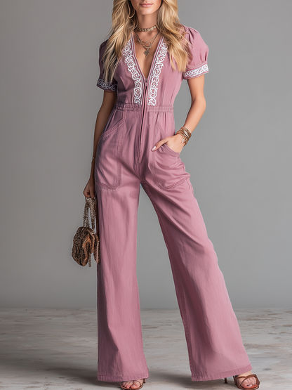 Stylish And Beautiful V-neck Embroidered Zipper Short-sleeved Jumpsuit