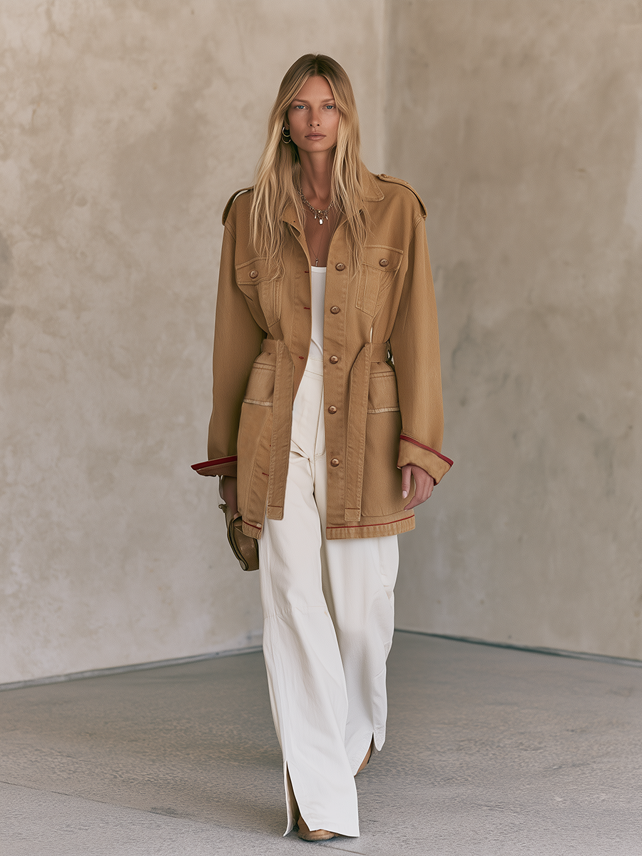 Camel Belted Utility Jacket With Safari Pockets And Epaulettes