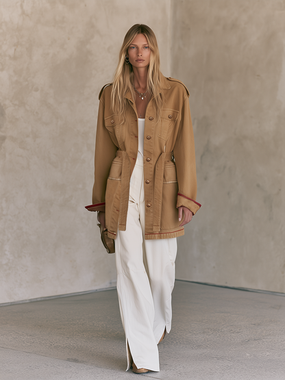 Camel Belted Utility Jacket With Safari Pockets And Epaulettes