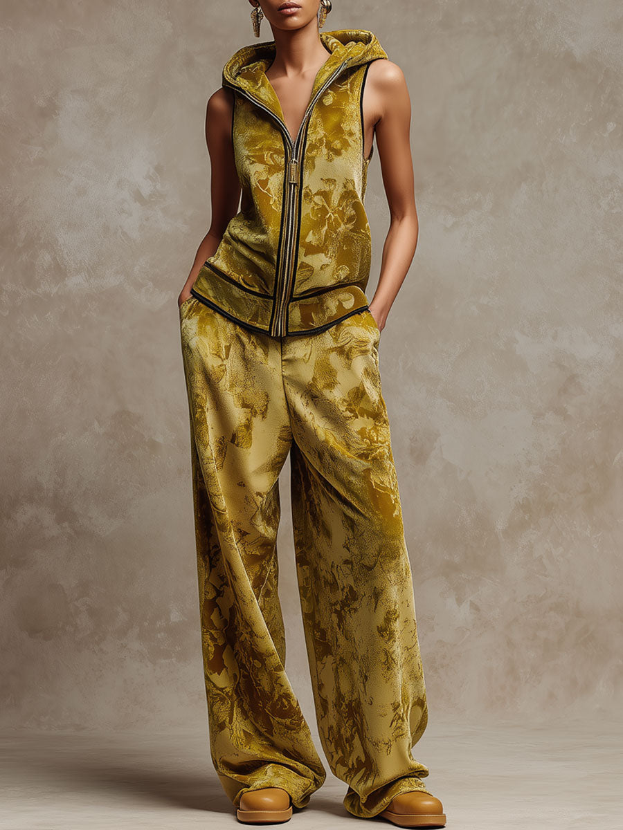 Sporty Retro Camouflage Yellow-Green Velvet Sleeveless Hoodie Wide-Leg Pants Set