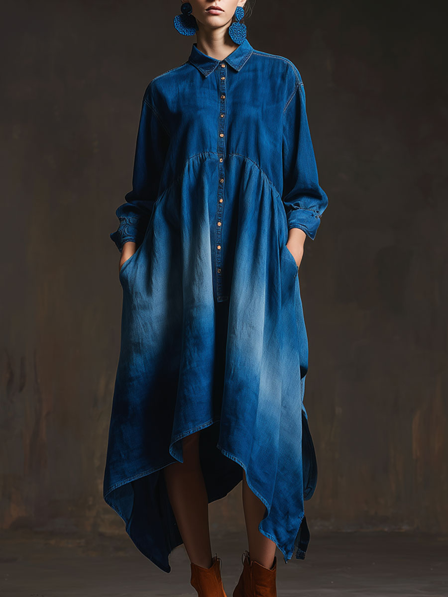 Casual Retro Gradient Dark Blue Denim Long-sleeved Cardigan, Irregular Maxi Dress