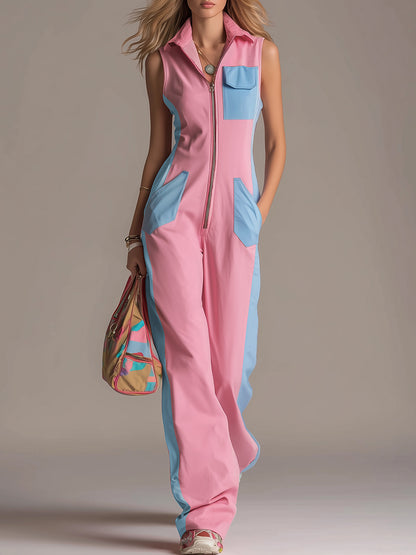 Sporty Trendy Color-blocked Zippered Collar Sleeveless Jumpsuit