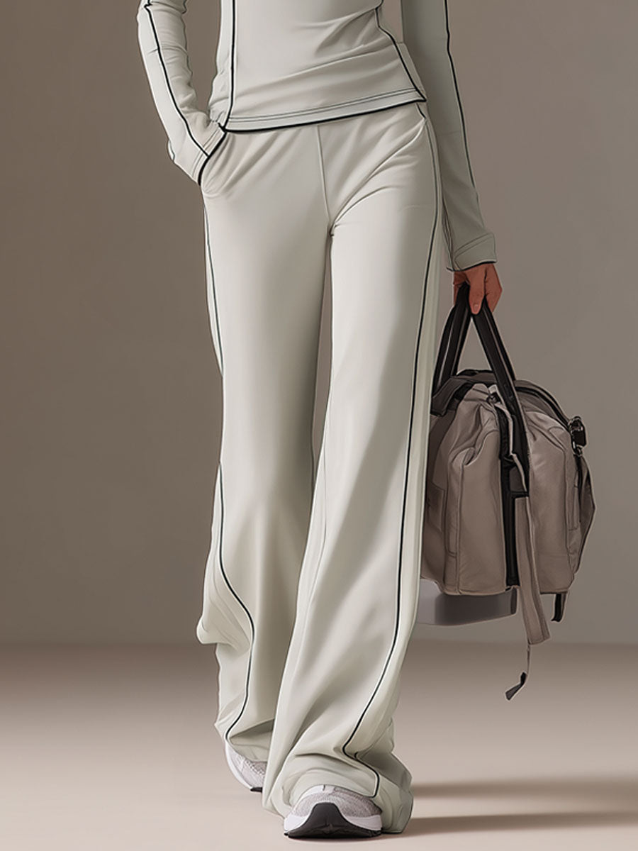 Sports Yoga Piping Gray-Green Lycra Sweatshirt And Wide-Leg Pants Set