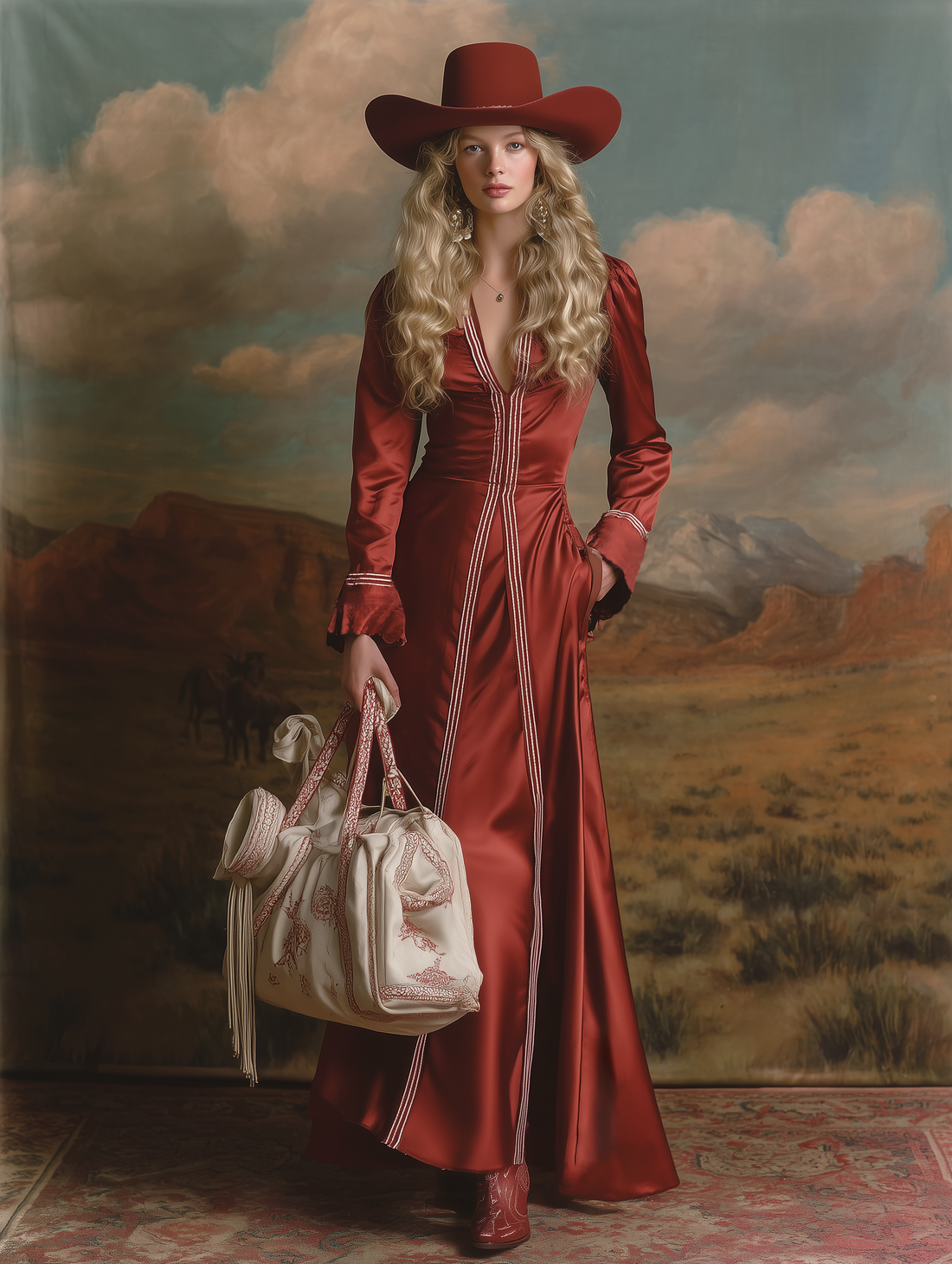 Romantic Western-style V-neck Red Satin Maxi Dress