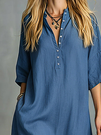 Retro Blue Tencel Denim Short-sleeved Maxi Dress