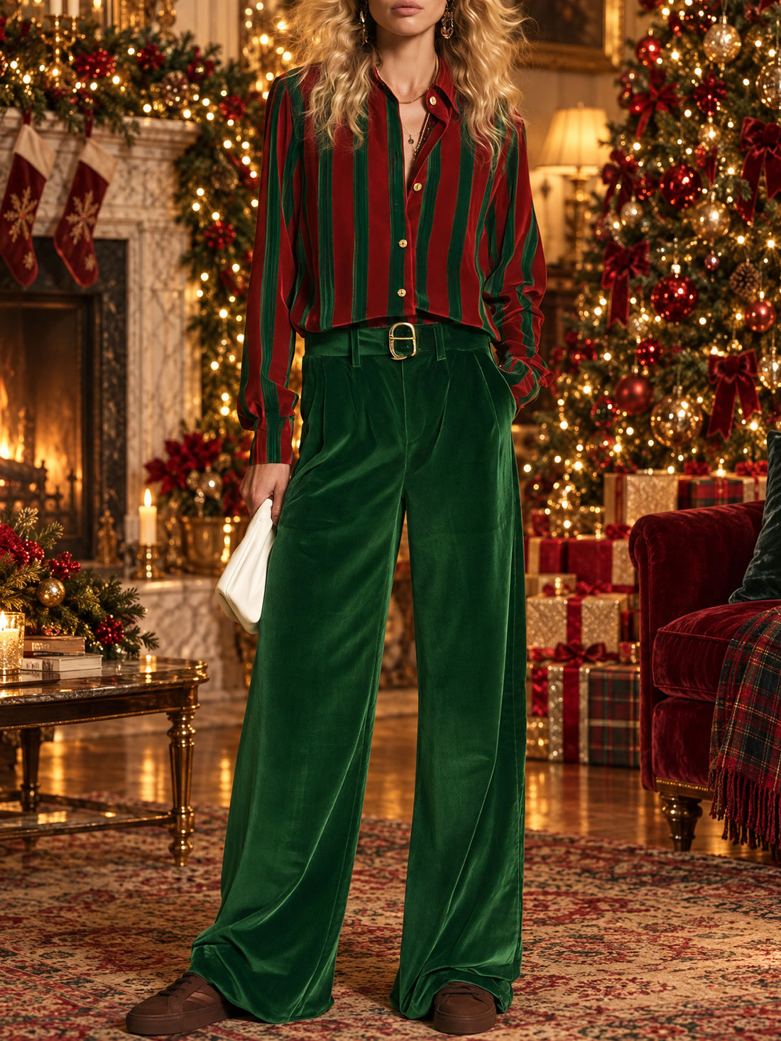 Simple Retro Red And Green Striped Shirt And Wide-leg Pants Set