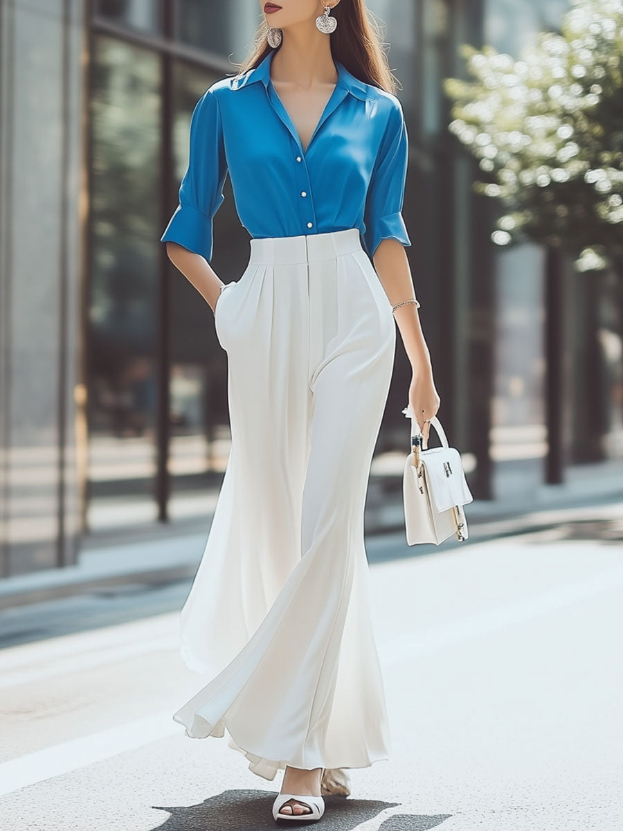 Fashion Holiday White Chiffon High Waist Flared Pants