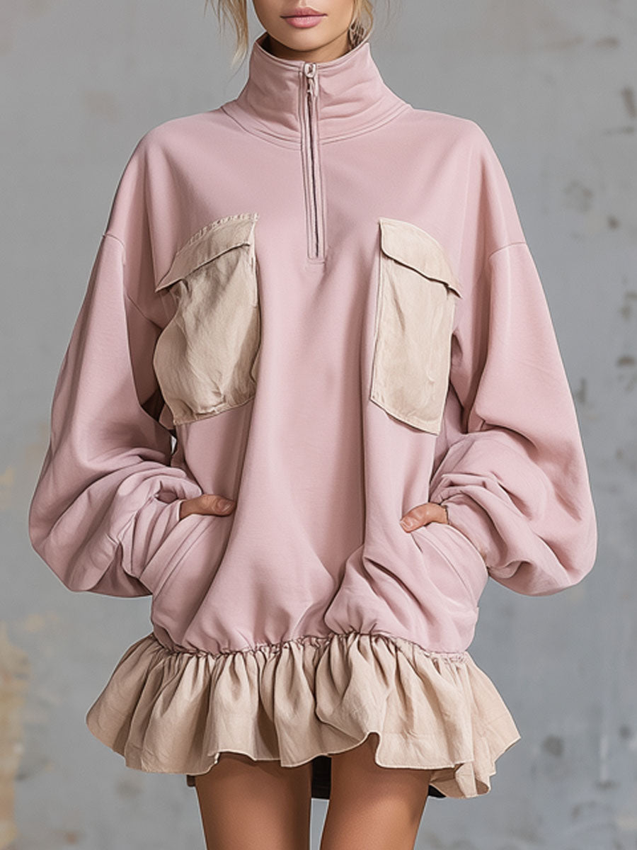Loose-fitting Stand-collar Zip-up Pocket Long-sleeved Mini Dress