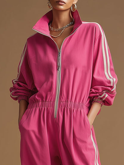 Retro Sporty Woven Rose Red Cotton Wide-leg Jumpsuit