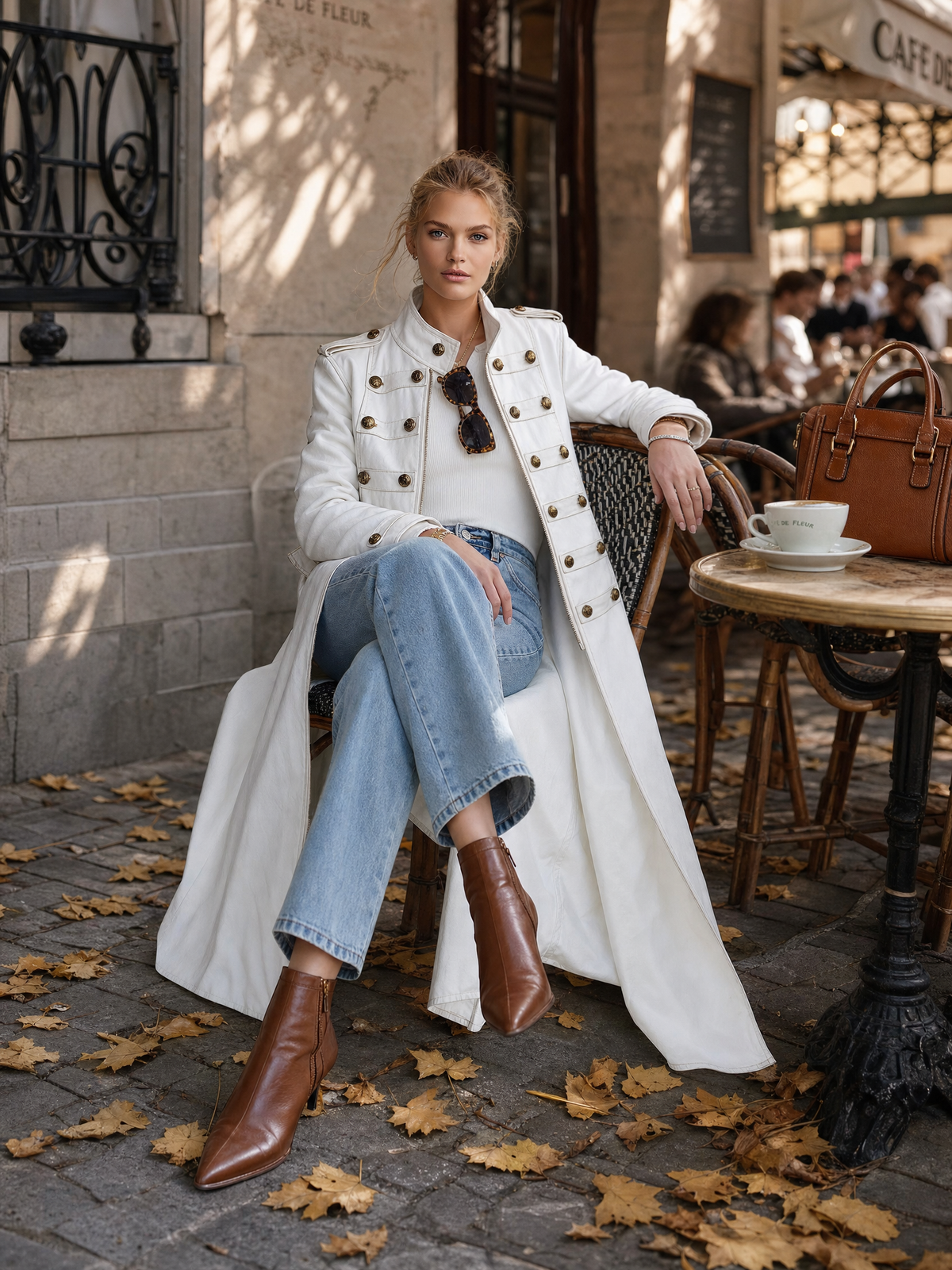 Classic Military Officer Style White Denim Front-Zip Coat