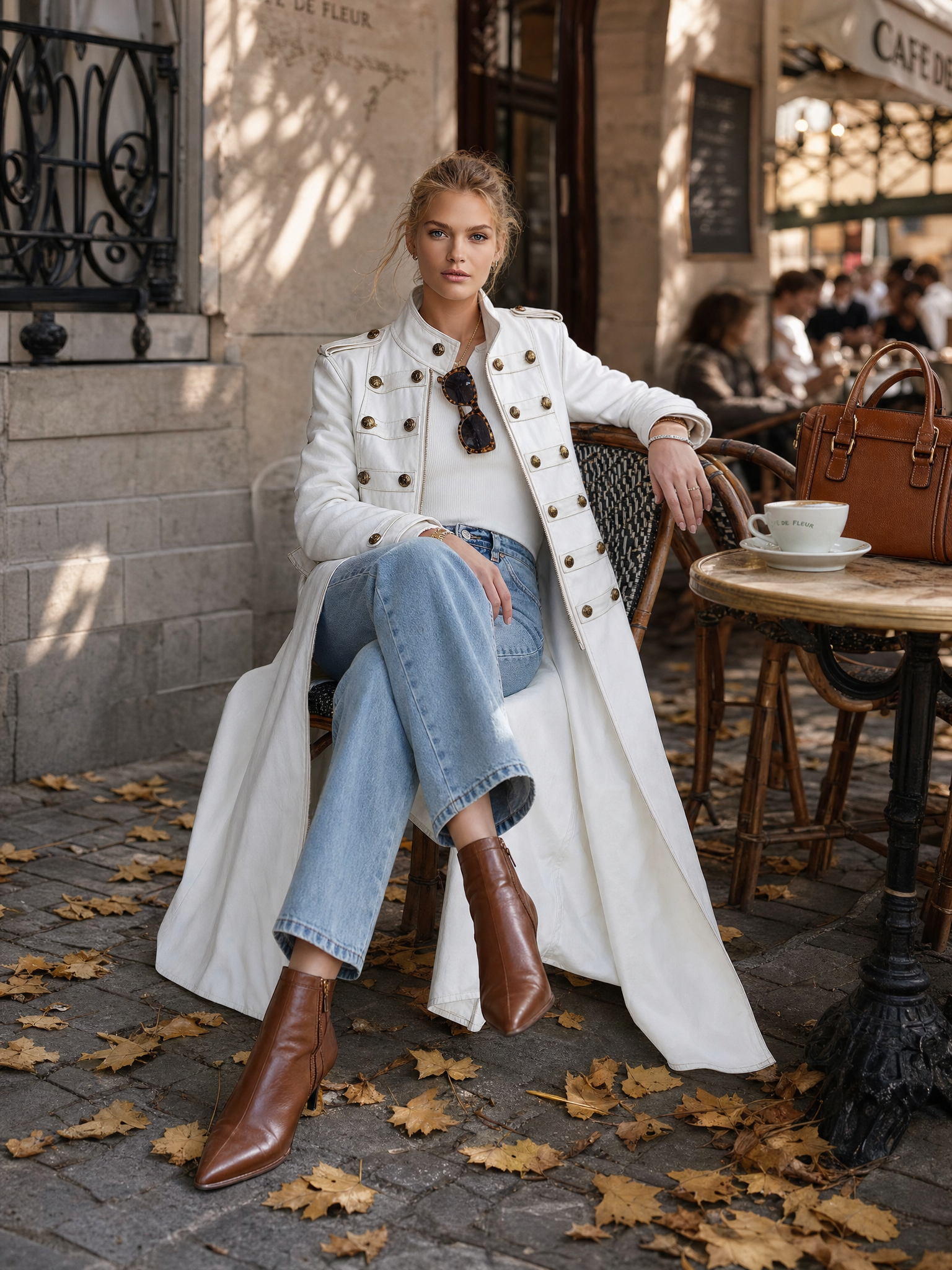 Classic Military Officer Style White Denim Front-Zip Coat
