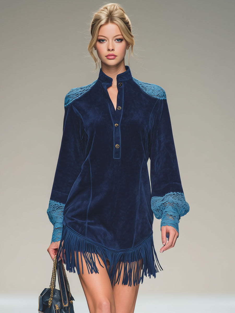 Stand-up Collar Button Lace Tassel Faux Suede Long-sleeved Mini Dress