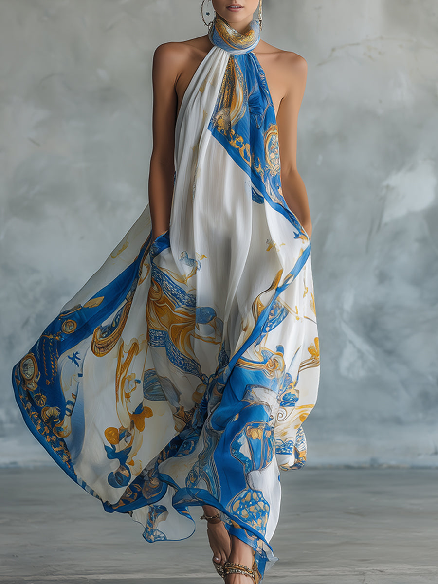 Elegant Retro Color-blocked Baroque Print White Chiffon Sleeveless Maxi Dress