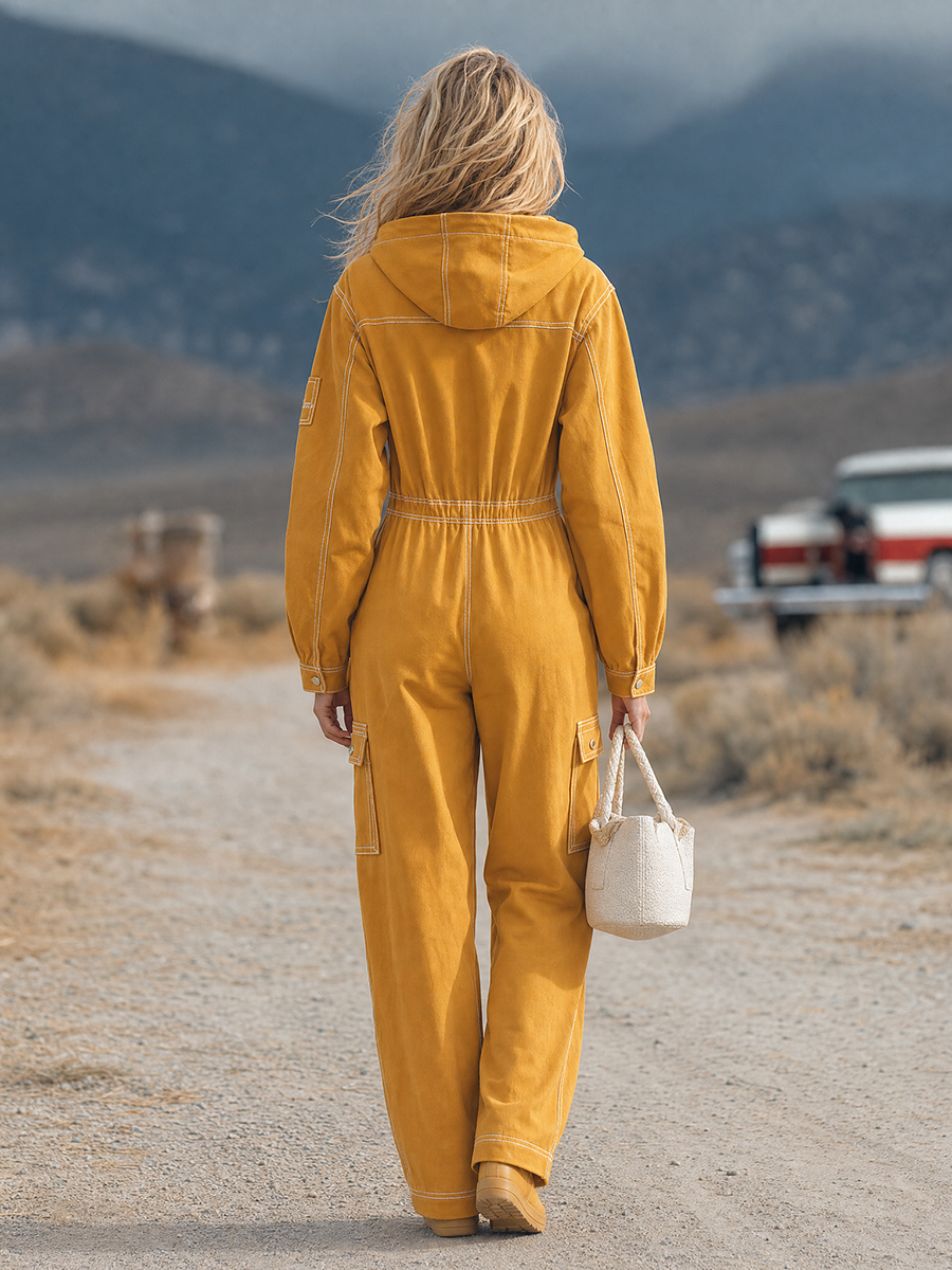 Retro Workwear Hooded Contrast-color Topstitch Zip Big-pocket Wide-leg Jumpsuit