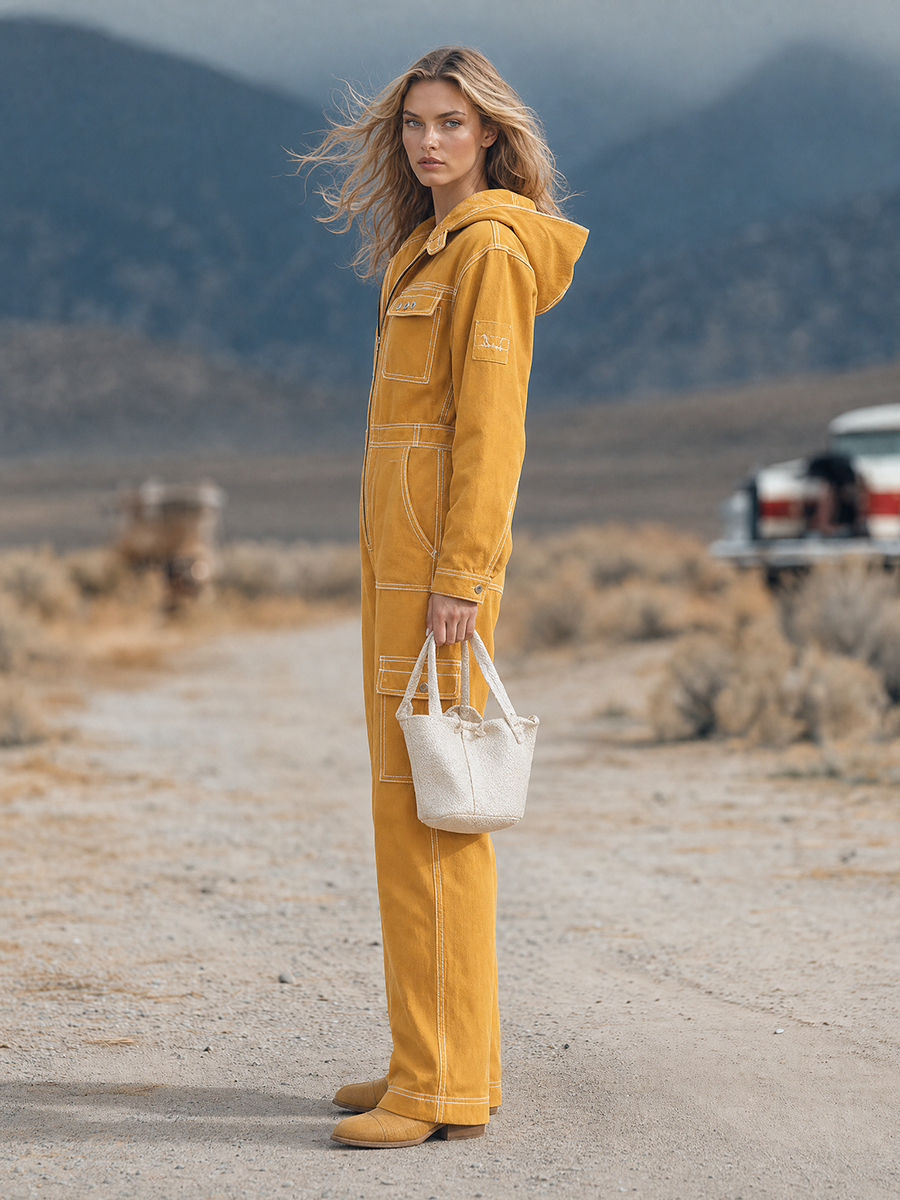 Retro Workwear Hooded Contrast-color Topstitch Zip Big-pocket Wide-leg Jumpsuit