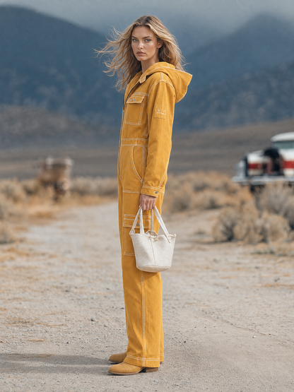 Retro Workwear Hooded Contrast-color Topstitch Zip Big-pocket Wide-leg Jumpsuit