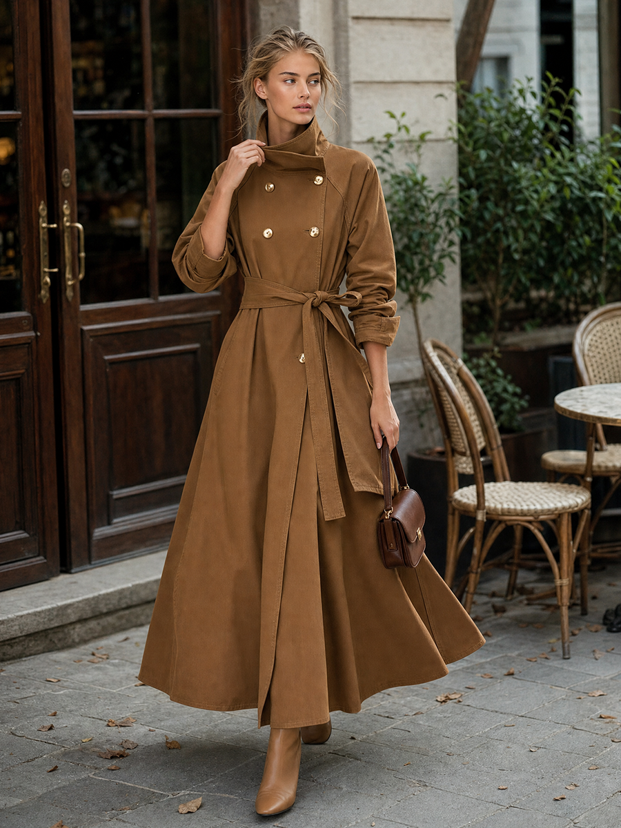 Urban High-neck Double-breasted Belted Denim Trench Coat