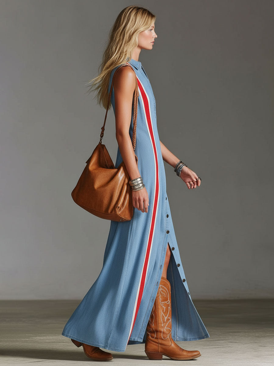 Lapel Collar Contrasting Trim Side Slit Sleeveless Denim Maxi Dress