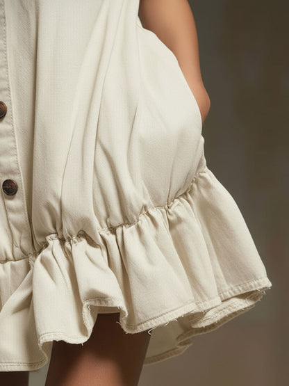 Casual Retro Off-white Tencel Denim Sleeveless Ruffle Mini Dress