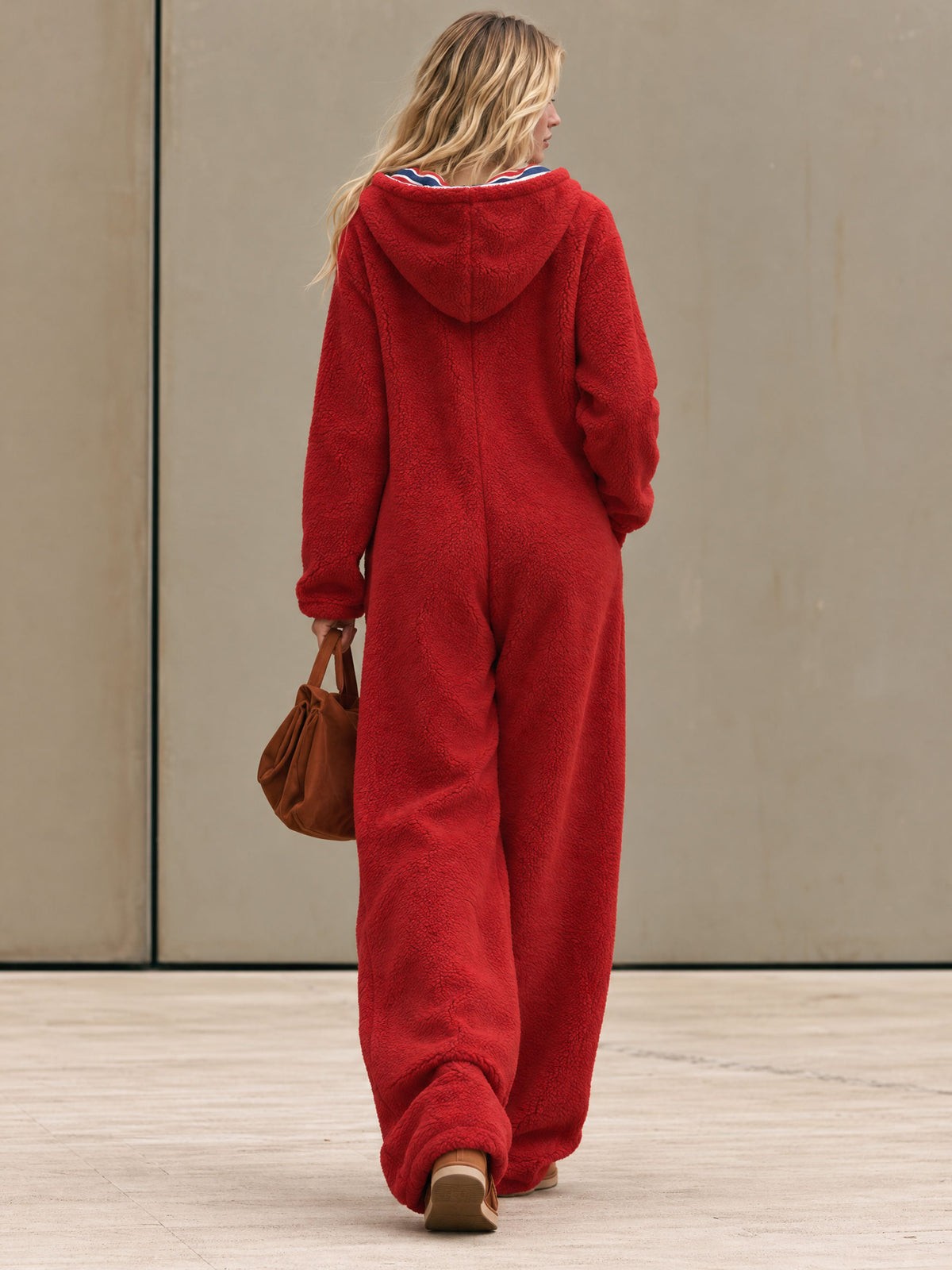 Casual Loose Striped Hooded Red Fleece Jumpsuit
