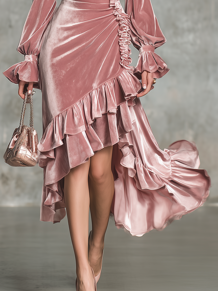 Elegant Retro V-neck Ruffled Velvet Midi Dress