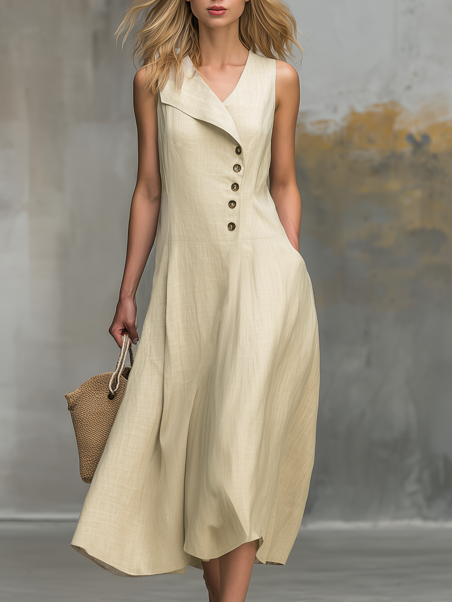 Relaxed And Stylish Lapel And Button Closure Midi Dress