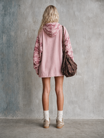 Retro Pink Hooded Camo-sleeve Distressed Loose Denim Dress