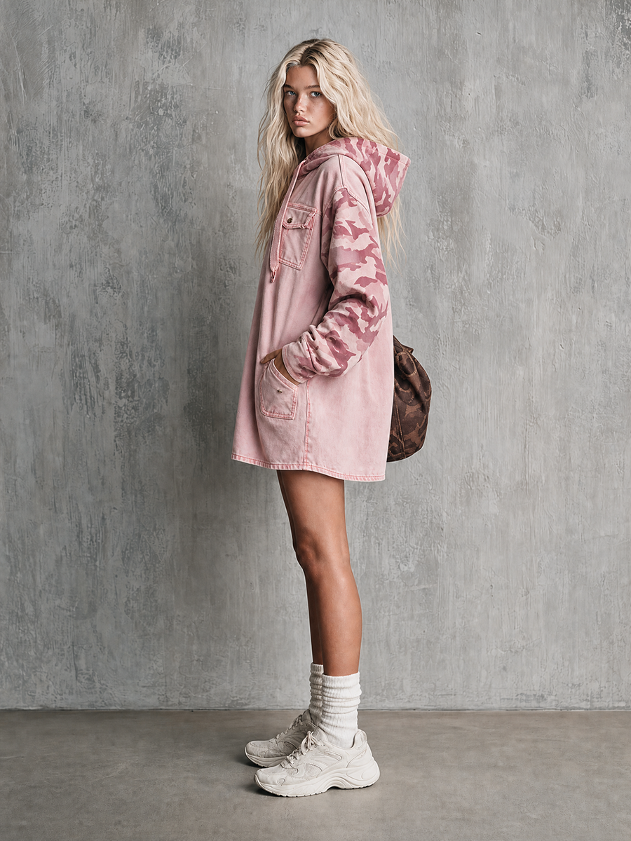 Retro Pink Hooded Camo-sleeve Distressed Loose Denim Dress