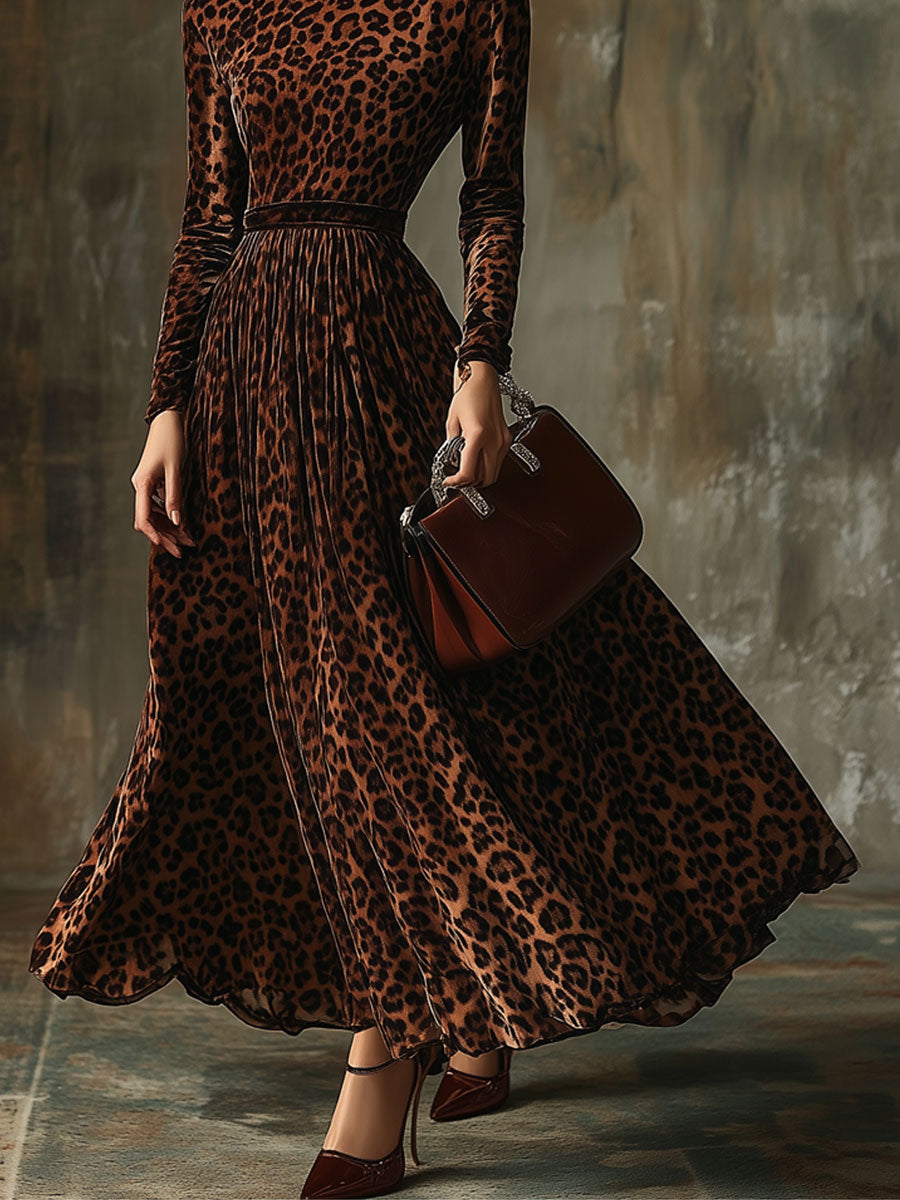 【24-hour shipping】Casual Vintage Velvet Leopard Print Round Neck Maxi Dress