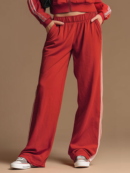 Sporty Retro Ribbon Embroidered Red Zipper Hooded Sweatshirt And Wide-Leg Pants Set