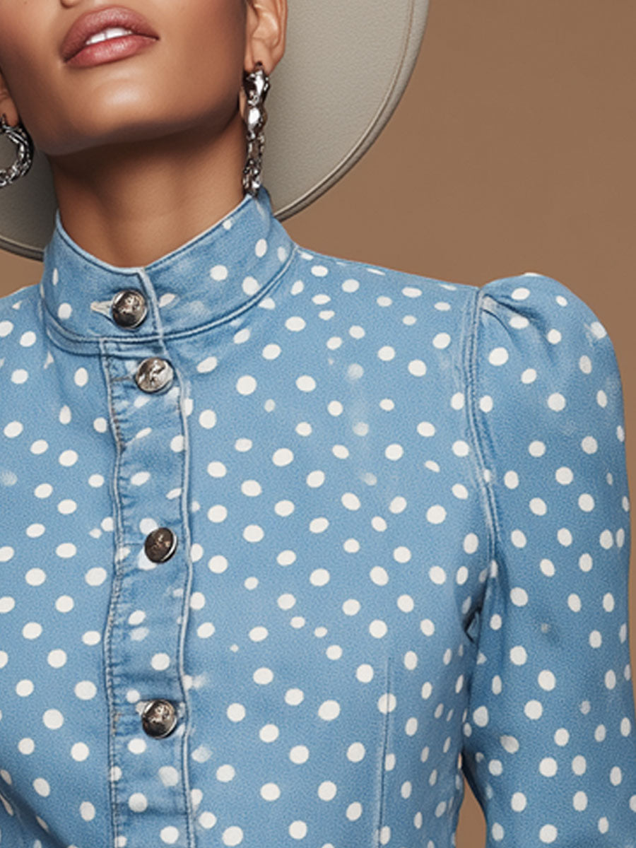 Stylish Retro Polka Dot Light Blue Denim Jacket