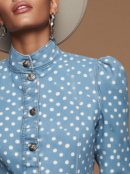 Stylish Retro Polka Dot Light Blue Denim Jacket