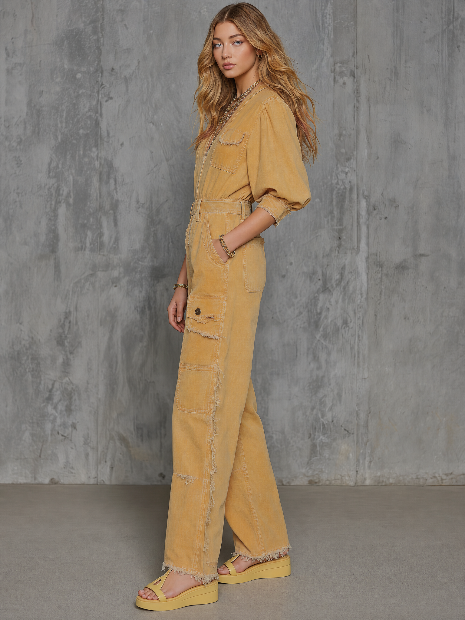 Retro Utility Denim Jumpsuit – Deep-V Frayed Tassel Lace-Up Waist Wide Leg