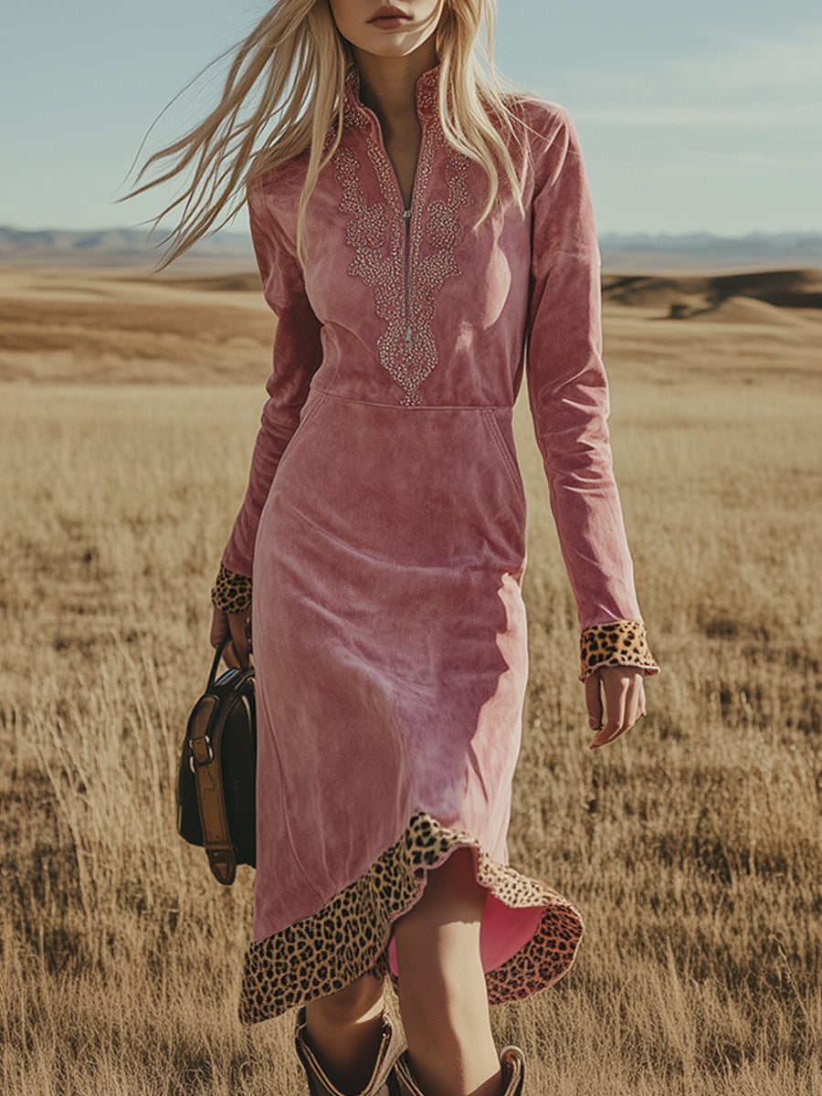 Vintage Western-style Pink Embroidered Faux Suede Midi Dress