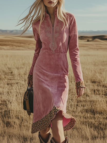 Vintage Western-style Pink Embroidered Faux Suede Midi Dress