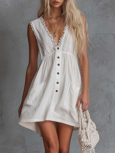 Elegant Vintage Western Lace V-neck Front-button White Cotton Mini Dress