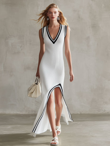 Stylish And Casual Black-trimmed White V-neck Slit Knit Midi Dress