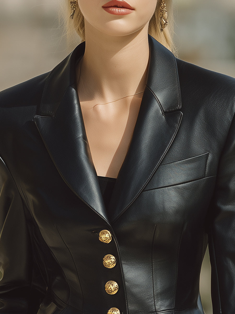 Stylish And Casual Gold Buttons Black PU Jacket