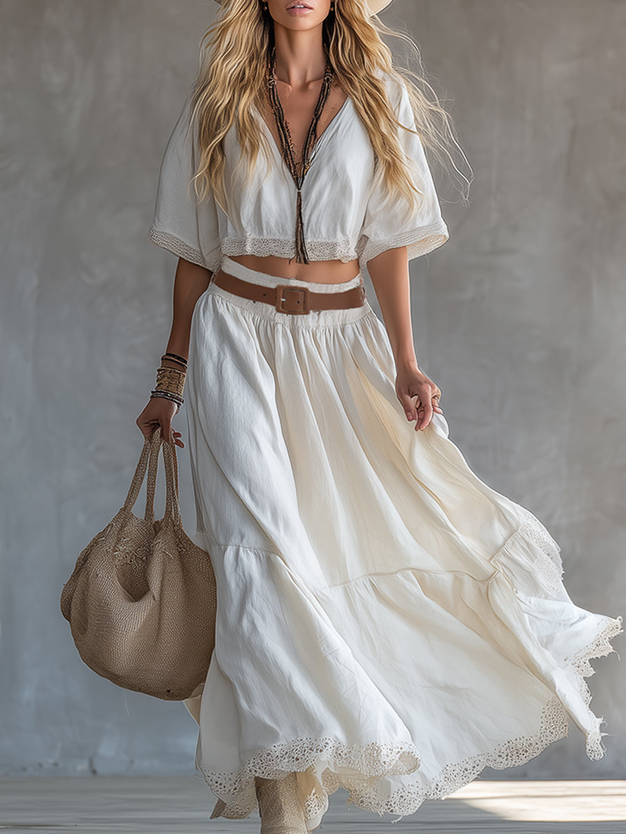 Elegant Boho Style Lace-trimmed White Cotton And Linen T-shirt And Skirt Set