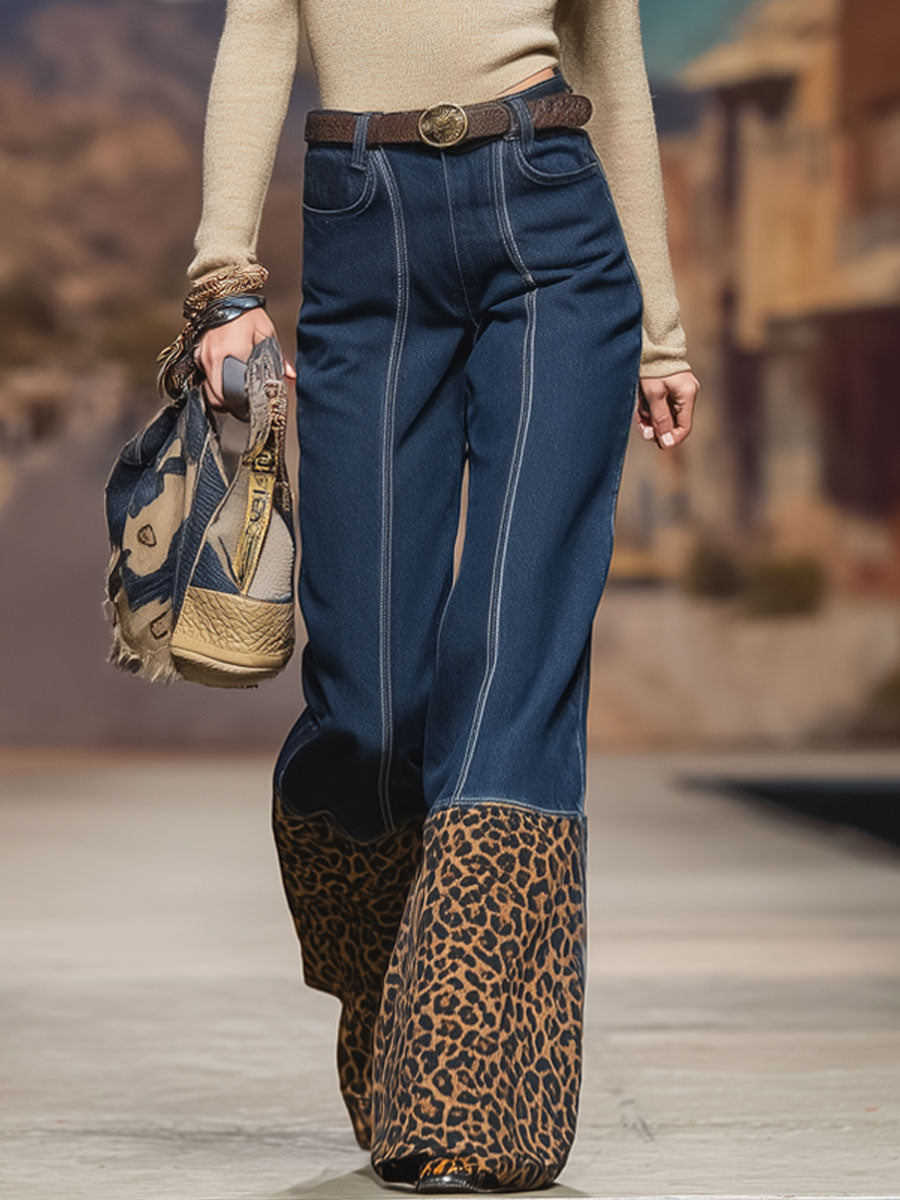 Western-style Leopard Print Patchwork Denim Wide-leg Pants