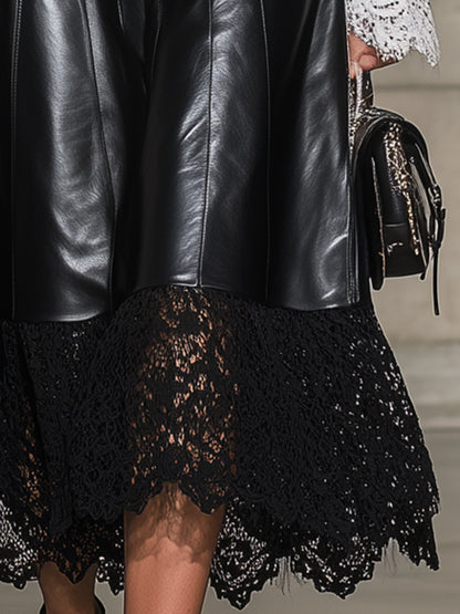 Stylish Black Faux Leather And Lace Patchwork Midi Skirt
